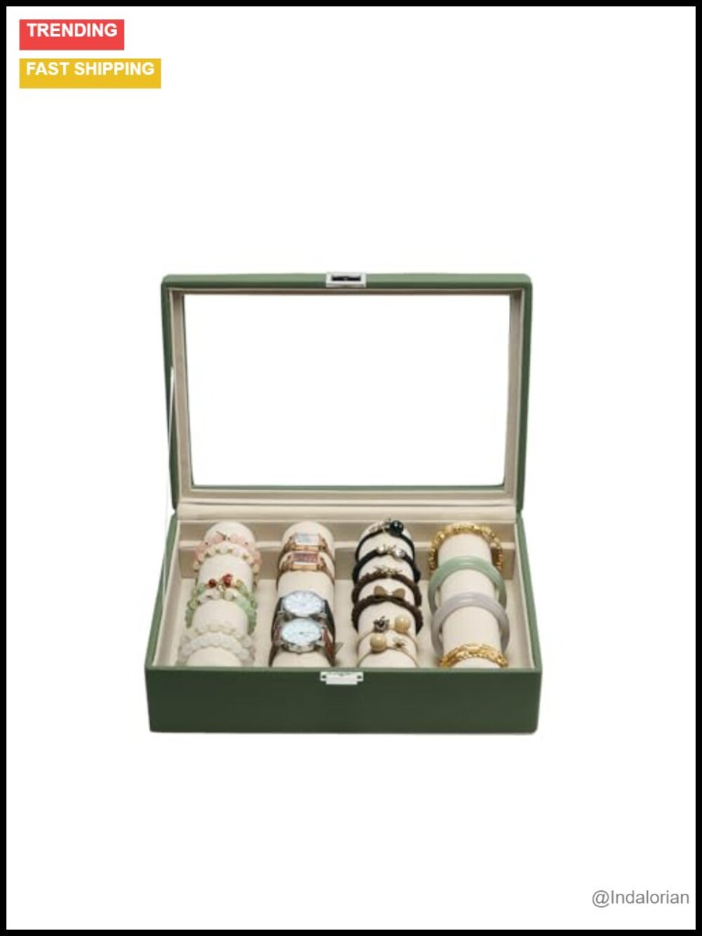 Leather Bracelet Organizer Box with 4 Rods, Velvet Lined Clear Lid Jewelry